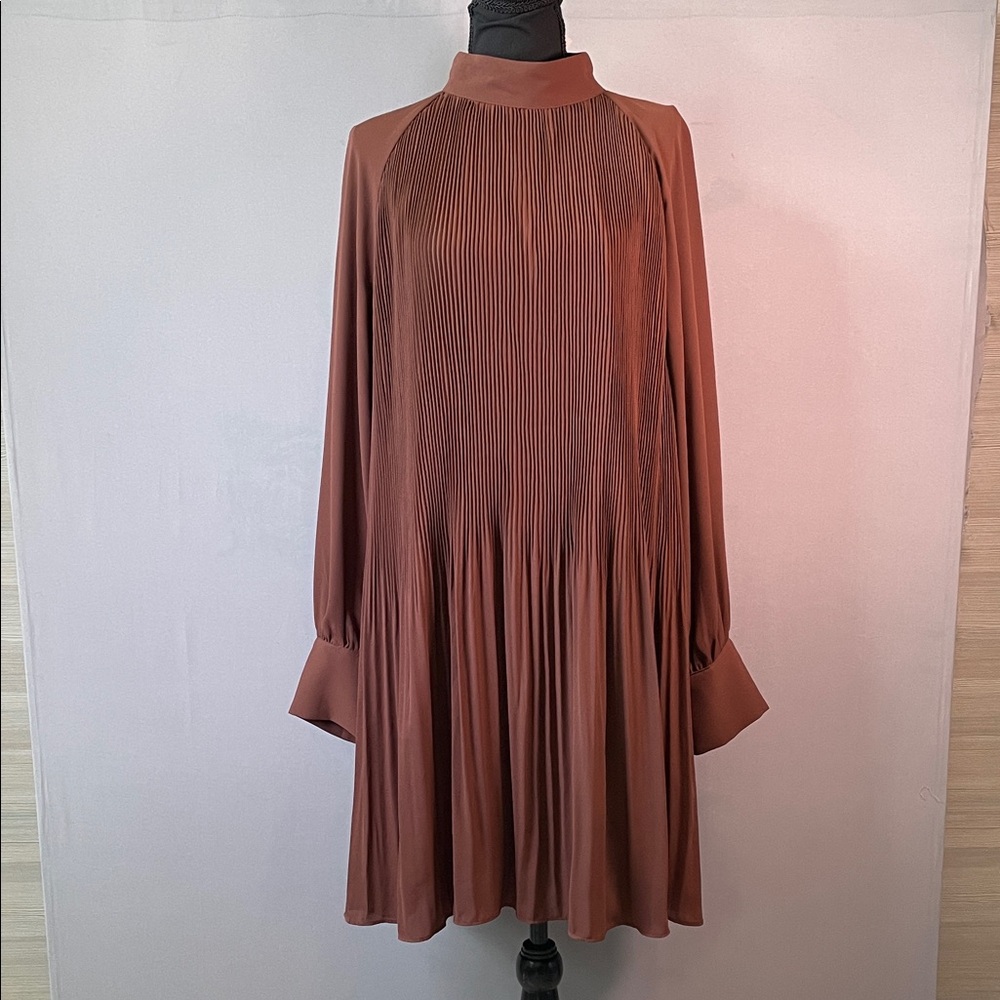 H&M Mock Neck Pleated Long Sleeve Dress Chocolate Brown Large